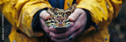 A close view of a person in a yellow jacket gently cradling a python in their hands photo