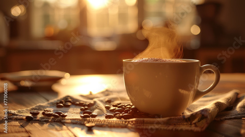A mug of hot coffee with scattered coffee beans on a woven cloth. Morning golden hour in a cafe.