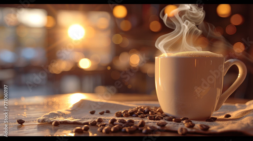 A mug of hot coffee with scattered coffee beans on a woven cloth. Morning golden hour in a cafe.