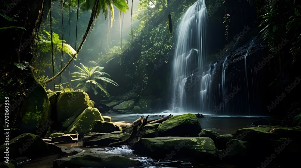 Panoramic view of a beautiful waterfall in the rainforest.