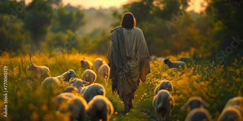 Jesus Christ as a Shepherd: Protecting and Grazing Sheep and Goats in a Green Field. Concept Christianity, Jesus Christ, Shepherd, Biblical, Field photo