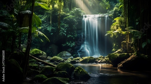 Panorama of a beautiful waterfall in the rainforest at night.
