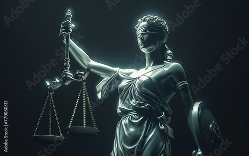 Statue of Lady Justice Holding a Scale of Justice in a Courthouse background banner for text.