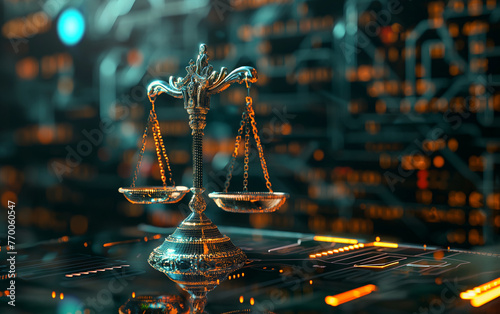 Scale of Justice on a Wooden Table with digital tech background