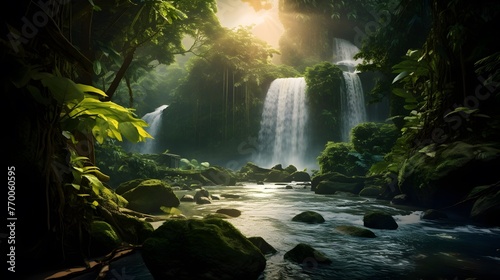 Panoramic view of a waterfall in a tropical rainforest at sunset © Iman