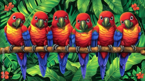  A flock of vivid parrots perched on a leafy tree branch, surrounded by blooming flowers