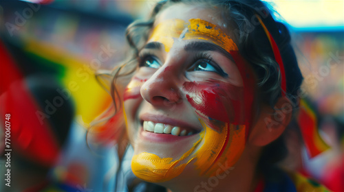 Obraz na płótnie A cheerful fan of the national team with a cheering crowd in the background. w salonie