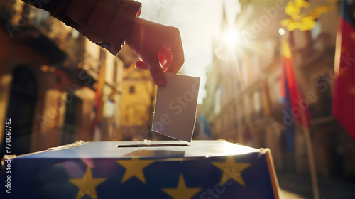 Obraz na płótnie Election - voting at the ballot box. A hand putting an vote in the ballot box situated on the street. w salonie