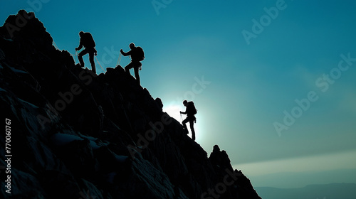  teamwork assistance mutual thanks mountain top climb ,Silhouette of climbers who climbed to the top of the mountain thanks to mutual assistance and teamwork