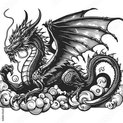 mythical dragon soaring through stylized clouds, representing power and folklore ketch engraving generative ai fictional character vector illustration. Scratch board imitation. Black and white image.