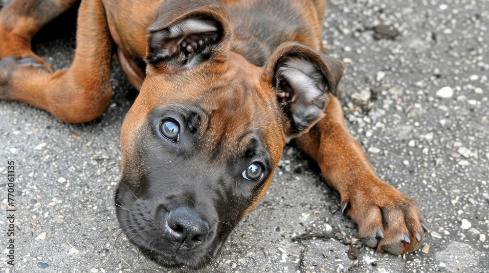  Close-up photo of a dog resting on the ground, nose down and eyes open