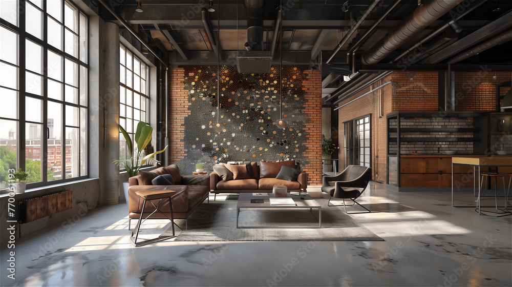 The interior of a luxurious living room adapted from an old room in an industrial building.