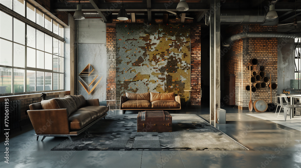 The interior of a luxurious living room adapted from an old room in an industrial building.