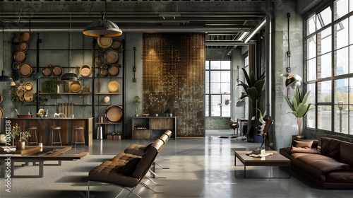 The interior of a luxurious living room adapted from an old room in an industrial building.