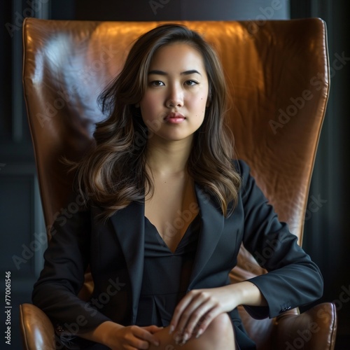 Wallpaper Mural Successful businesswoman sitting in comfortable chair  boss lady business suit standing in a confident pose.  Torontodigital.ca