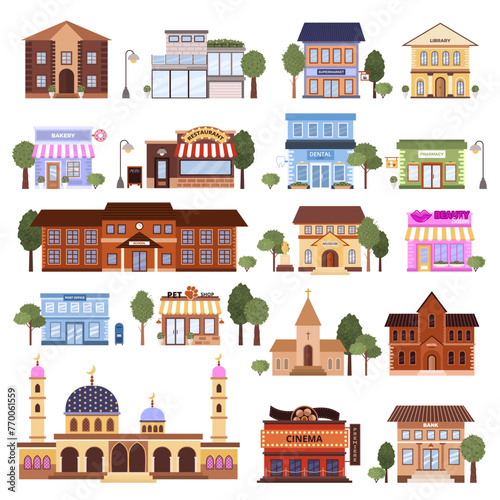 Set of various flat urban building icons. Isolated municipal library, bank, pharmacy, post office, school, pet shop, museum, bakery, mosque, beauty salon on a white background. Vector illustrations.