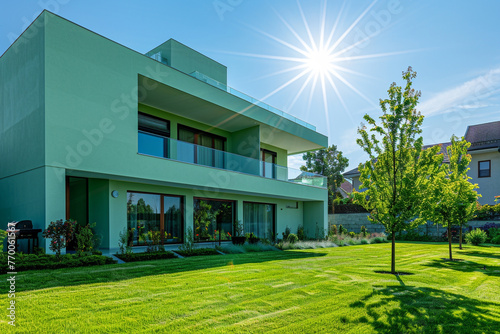 Sleek lines of a modern home in light green  under bright midday sun  well-kept lawn  elegant landscaping  harmonious blend with nature  high resolution.