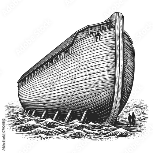 Noah Ark, a biblical boat ship vessel, resting on water with two doves in the foreground sketch engraving generative ai vector illustration. Scratch board imitation. Black and white image.