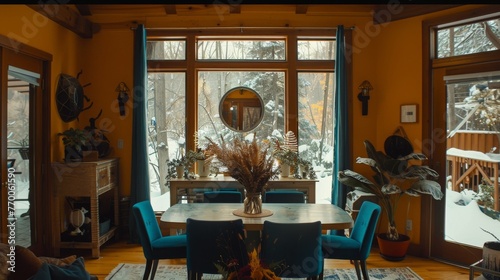  A dining room table with four blue chairs and a small potted plant on the window sill, providing a peaceful view of the snow-covered forest