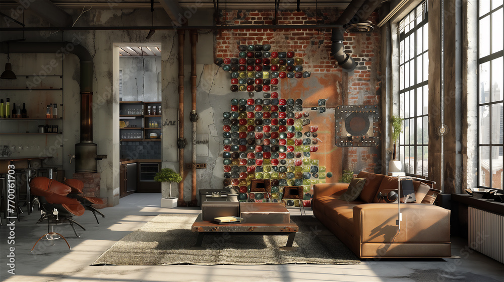 The interior of a luxurious living room adapted from an old room in an industrial building.