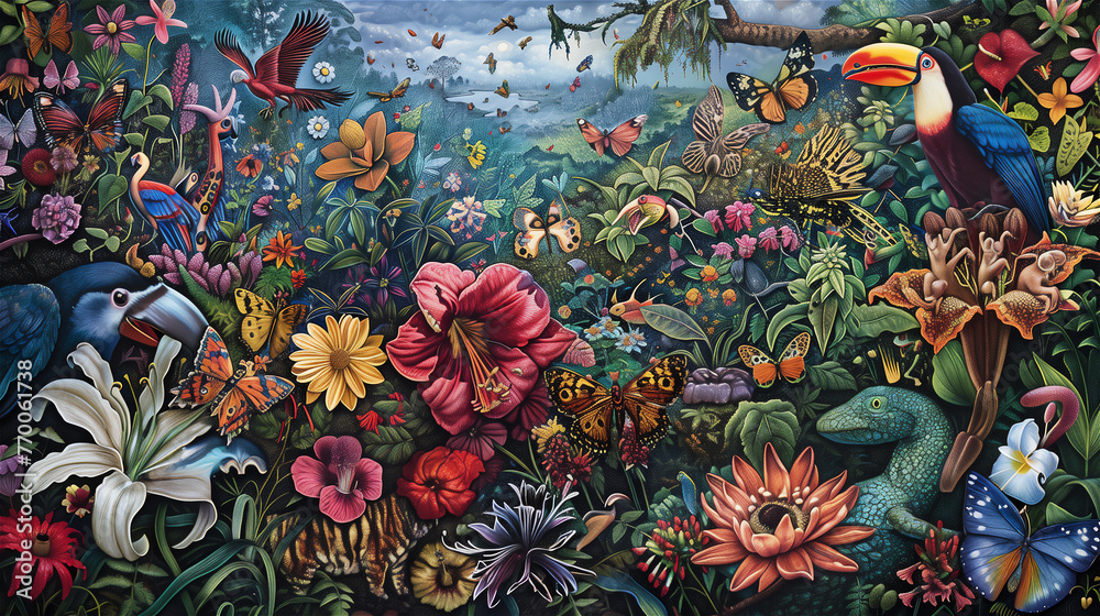 The illustration features a diverse array of flora and fauna from around the world, symbolizing the richness and importance of biodiversity.