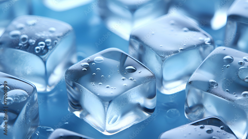 ice cubes with water drops on blue background. 3d illustration.