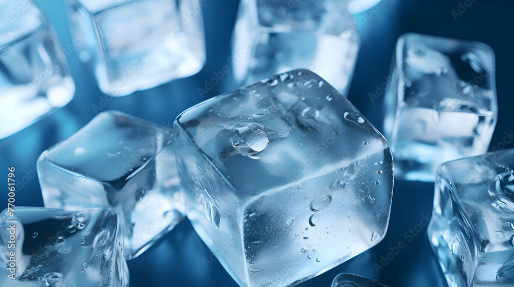 Ice cubes with water drops on blue background. 3d illustration. Ice cubes with water drops on blue background. 3d illustration.