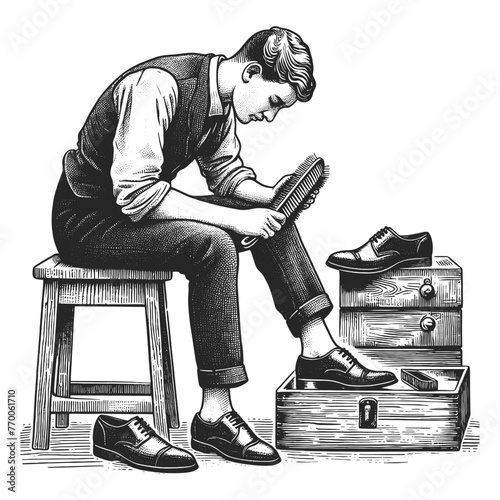 young man shining shoes, seated beside a box of footwear sketch engraving generative ai fictional character vector illustration. Scratch board imitation. Black and white image.