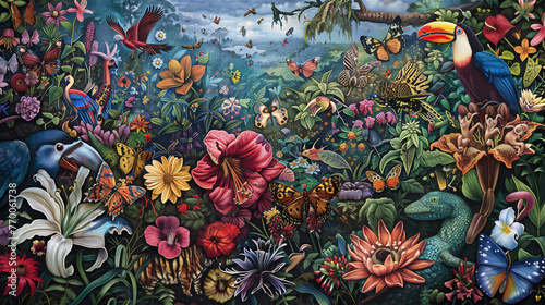 Obraz na płótnie The illustration features a diverse array of flora and fauna from around the world, symbolizing the richness and importance of biodiversity. w salonie