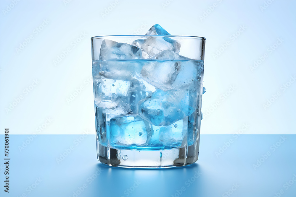 Glass of cold water with ice cubes on blue background. closeup Glass of cold water with ice cubes on blue background. closeup