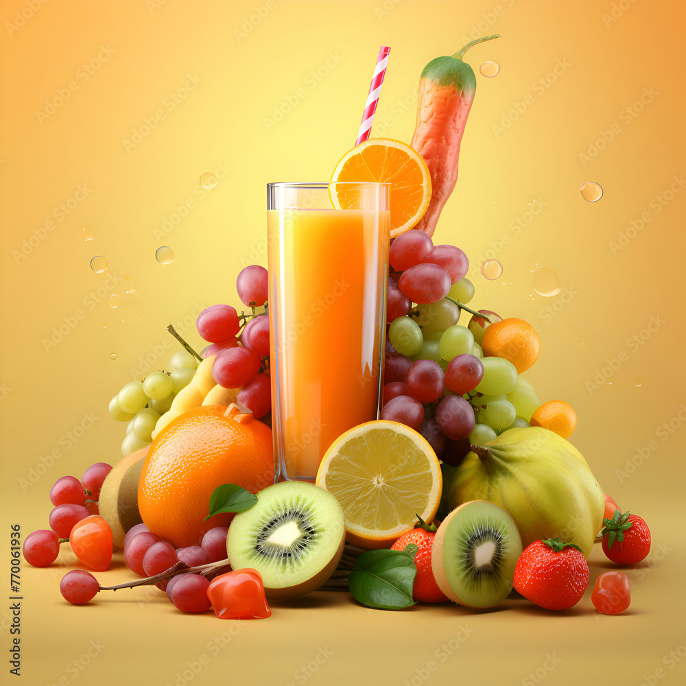 Fruit juice in a glass with fruits and vegetables on a yellow background Fruit juice in a glass with fruits and vegetables on a yellow background