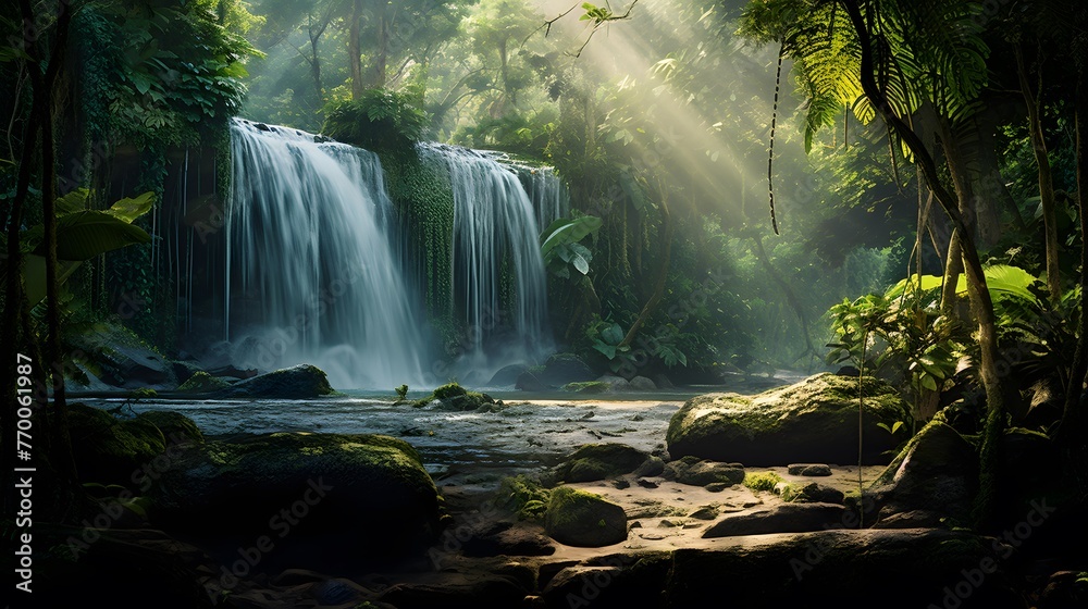 Panorama of waterfall in tropical rainforest with sunbeams.