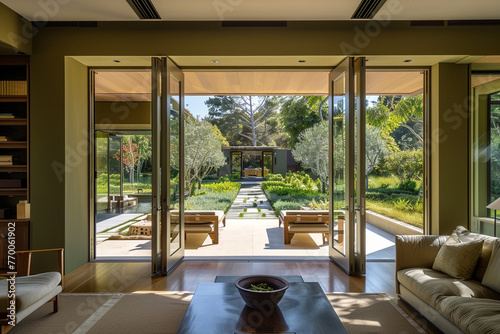 Sophisticated olive green tones capture a house with luxurious furnishings and large pivot doors opening onto a zen-inspired garden.