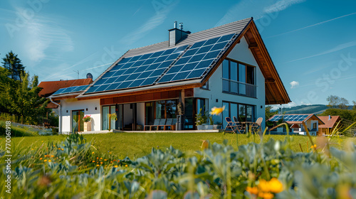 House with solar panels on the roof. Sustainable and clean energy at home