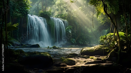 Panorama of waterfall in tropical rainforest with sunbeams. © Iman