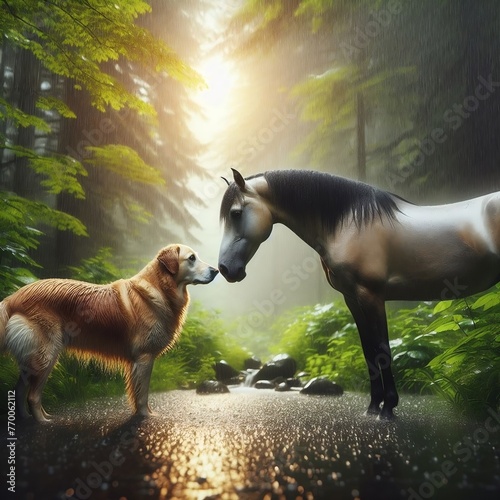 un chien nez à nez avec un cheval, dans une foret  lumineuse, ils se trouvent dans une rivière sous la pluie , légèrement brumeux à l'arrière  photo