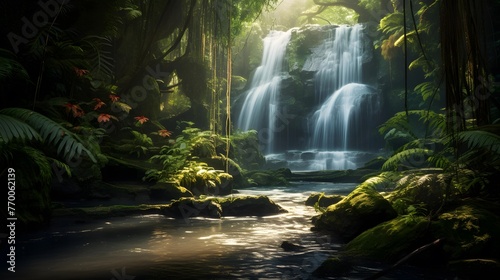 Panoramic view of beautiful waterfall in the rainforest. Long exposure