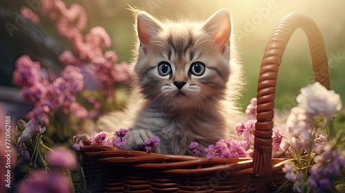 Small adorable cat in a basket in spring garden with flowers