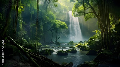 Panoramic view of a beautiful waterfall in a tropical forest. © Iman