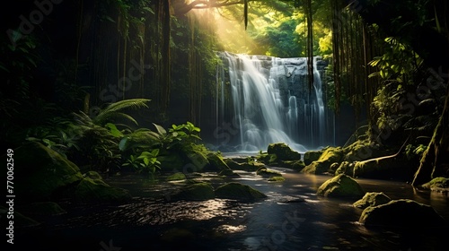 Panoramic view of beautiful waterfall in deep forest. Long exposure