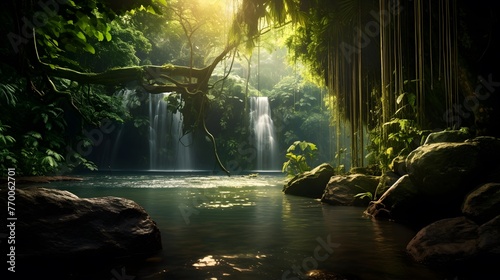 Panorama of a waterfall in a tropical forest with sunlight shining through the trees