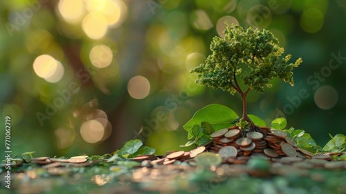 tree growing on pile of coins ,saving and economic growth., financial investment concept.