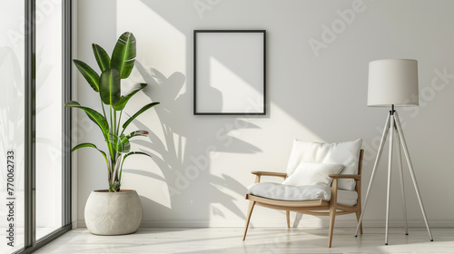 Modern Minimalist Interior with Plant and Chair, Blank Frame for Art Display