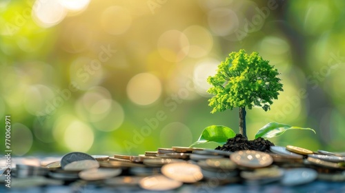 tree growing on pile of coins ,saving and economic growth., financial investment concept.