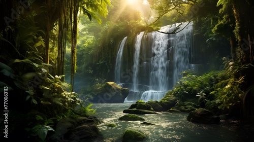 Panoramic view of beautiful waterfall in tropical rainforest, Thailand