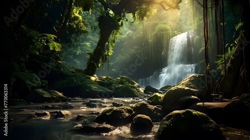 Panorama of a waterfall in the forest. Beautiful nature background.