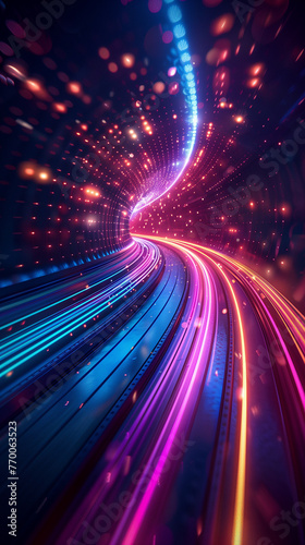 A colorful, neon-lit tunnel with a bright blue line running through it. AI.