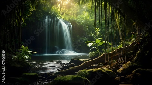 Beautiful waterfall in the jungle. Panorama of a waterfall in the forest.