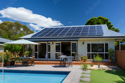 Eco-friendly house with solar panels on the roof, surrounded by a well-kept garden and outdoor sitting area under a clear blue sky © Breyenaiimages
