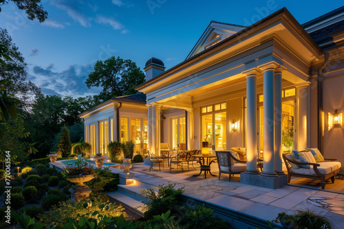 The inviting exterior of a luxury home under the evening sky, illuminated from within, featuring opulent patio furniture on the porch and a flawlessly maintained garden.
